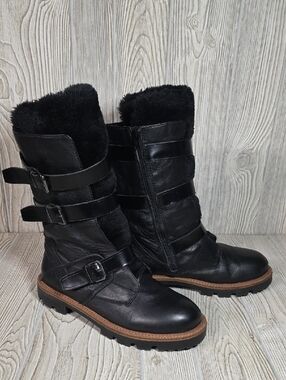 Aldo Black Russa Riding Leather Boots Faux Fur Lining Womens Size 11